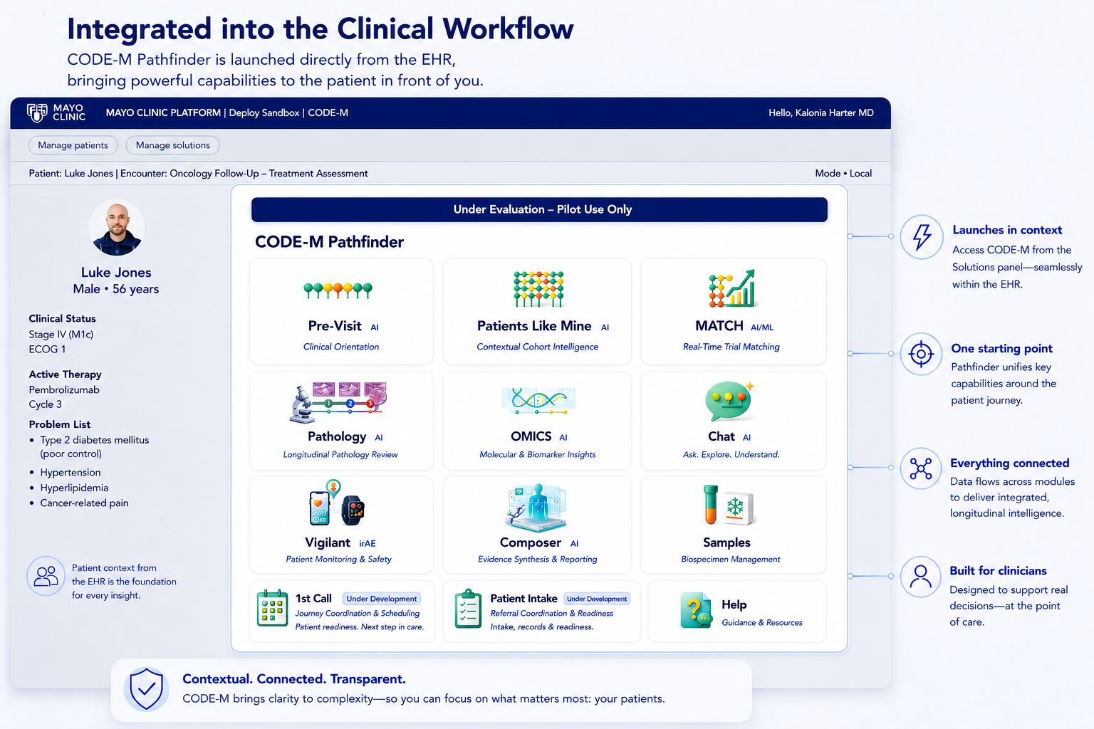 CODE-M Pathfinder launched from the EHR with modules for Pre-Visit, Patients Like Mine, MATCH, Pathology, OMICS, Vigilant, Composer, and Samples.